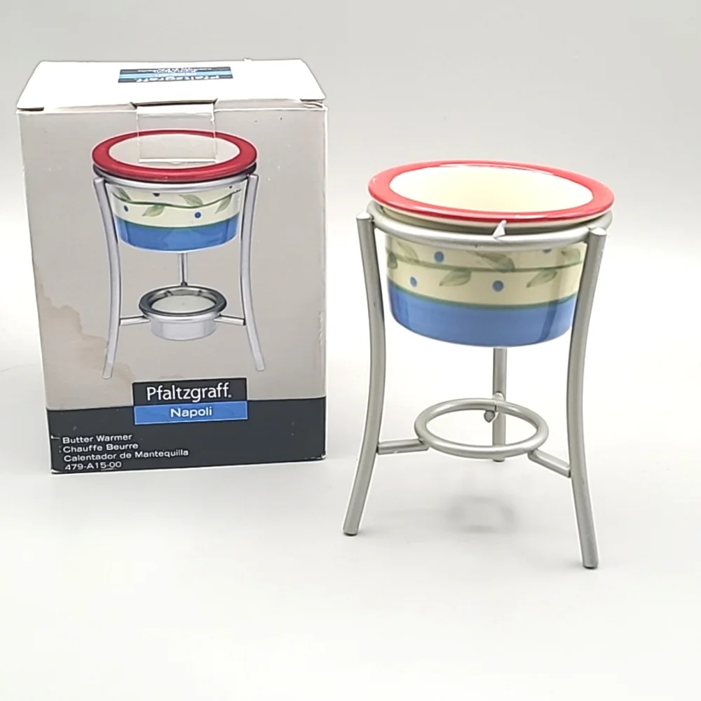 Pfaltzgraff Butter Warmer with Cup & Metal Stand Napoli Stoneware, NIB